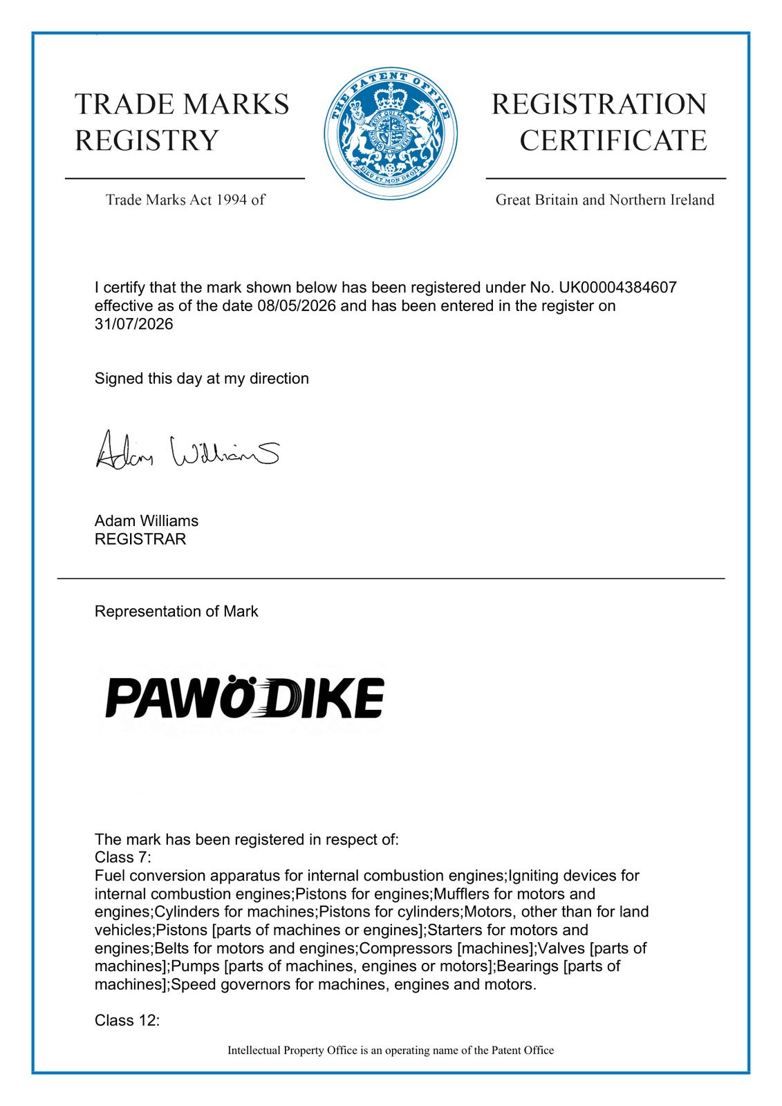 PAWODIKE — UK Trademark (Reg. 8887340) — UK Intellectual Property Office